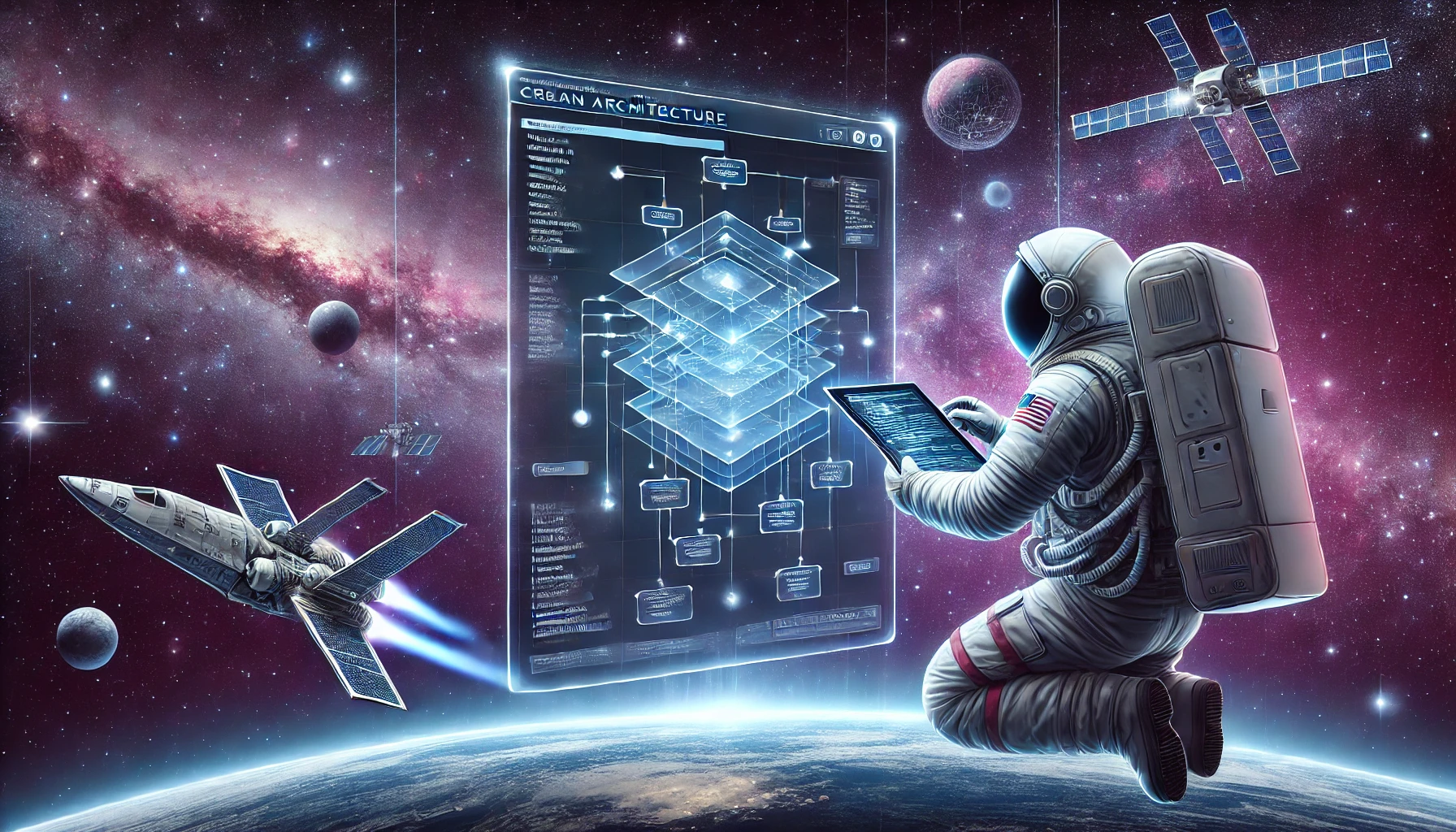 showing astronaut looking on his tablet in space and in front of him a big clean architecture screen and some planets and spaceshuttles in the background