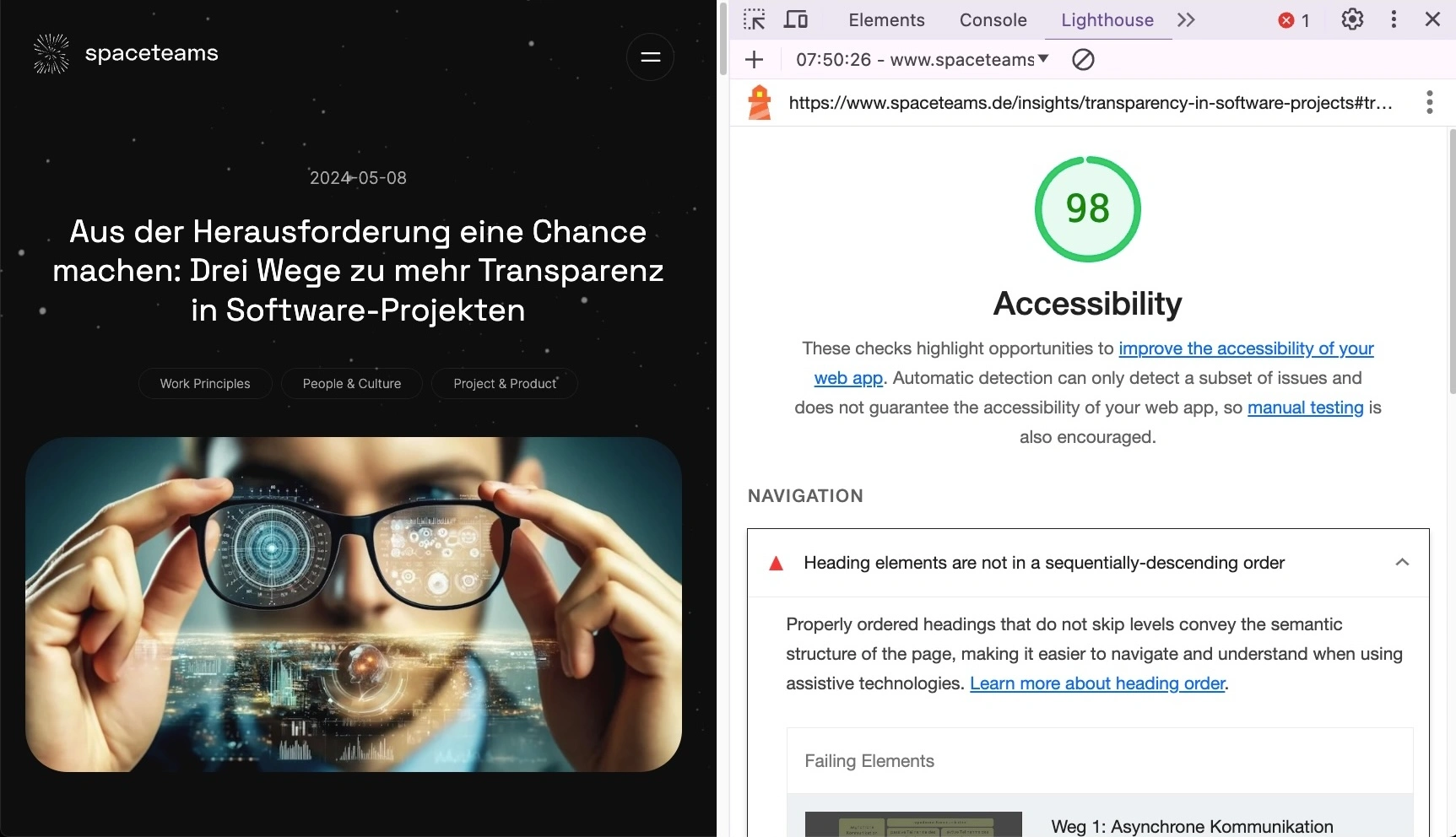 showing blog article transparency in software projects with accessibility of 98%