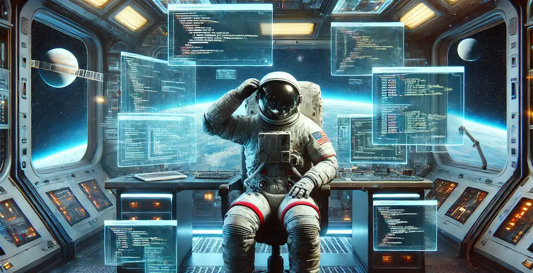 showing an AI picture with an astronaut thinking of many code problems in a space shuttle setting