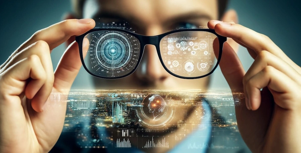 Cover image with man looking through glasses with data in it